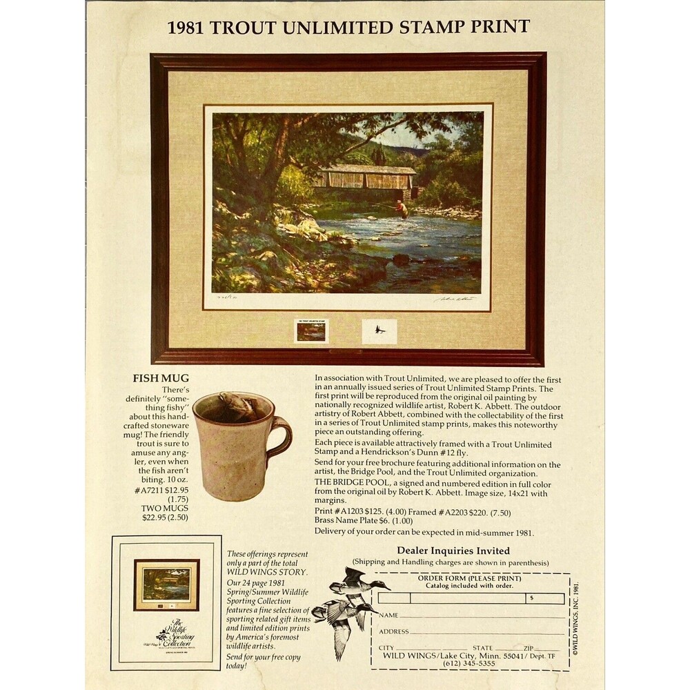 Wild Wings *1981 Trout Unlimited Stamp Print Mounted + Mug Vintage Print Ad 1981